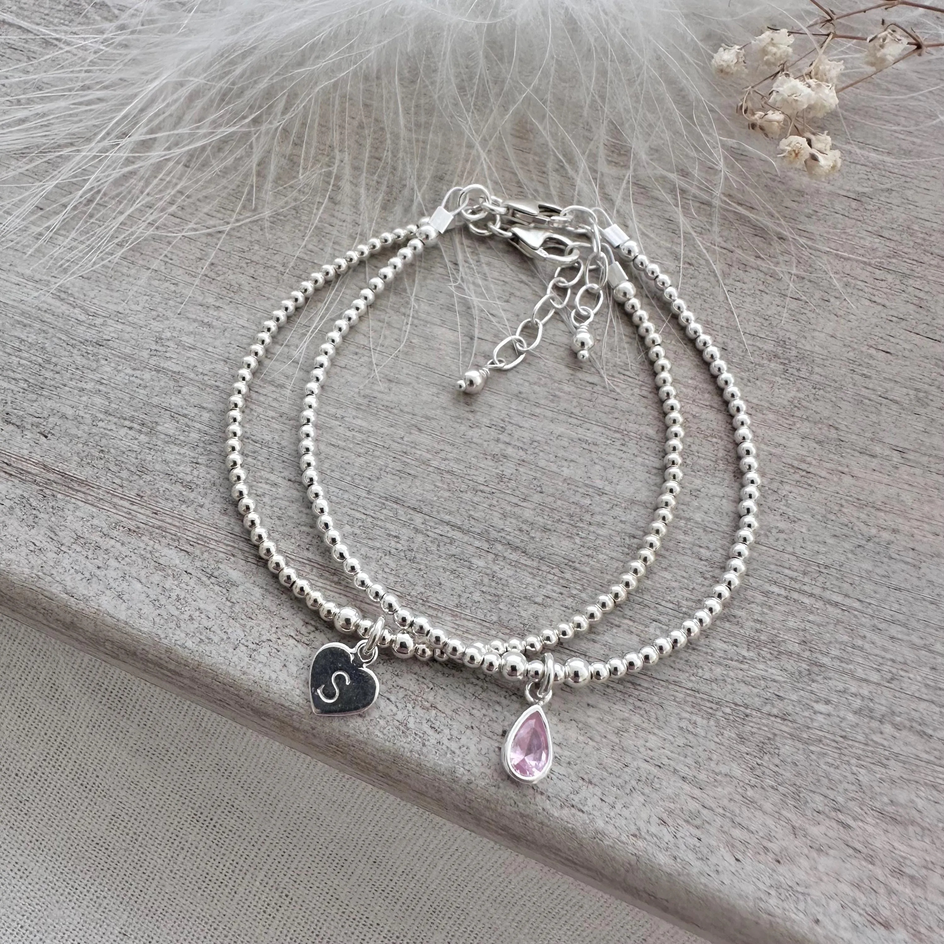 Personalised Initial and Birthstone Bracelet Set in Sterling Silver, Stacking Bracelets with Cubic zirconia birthstone