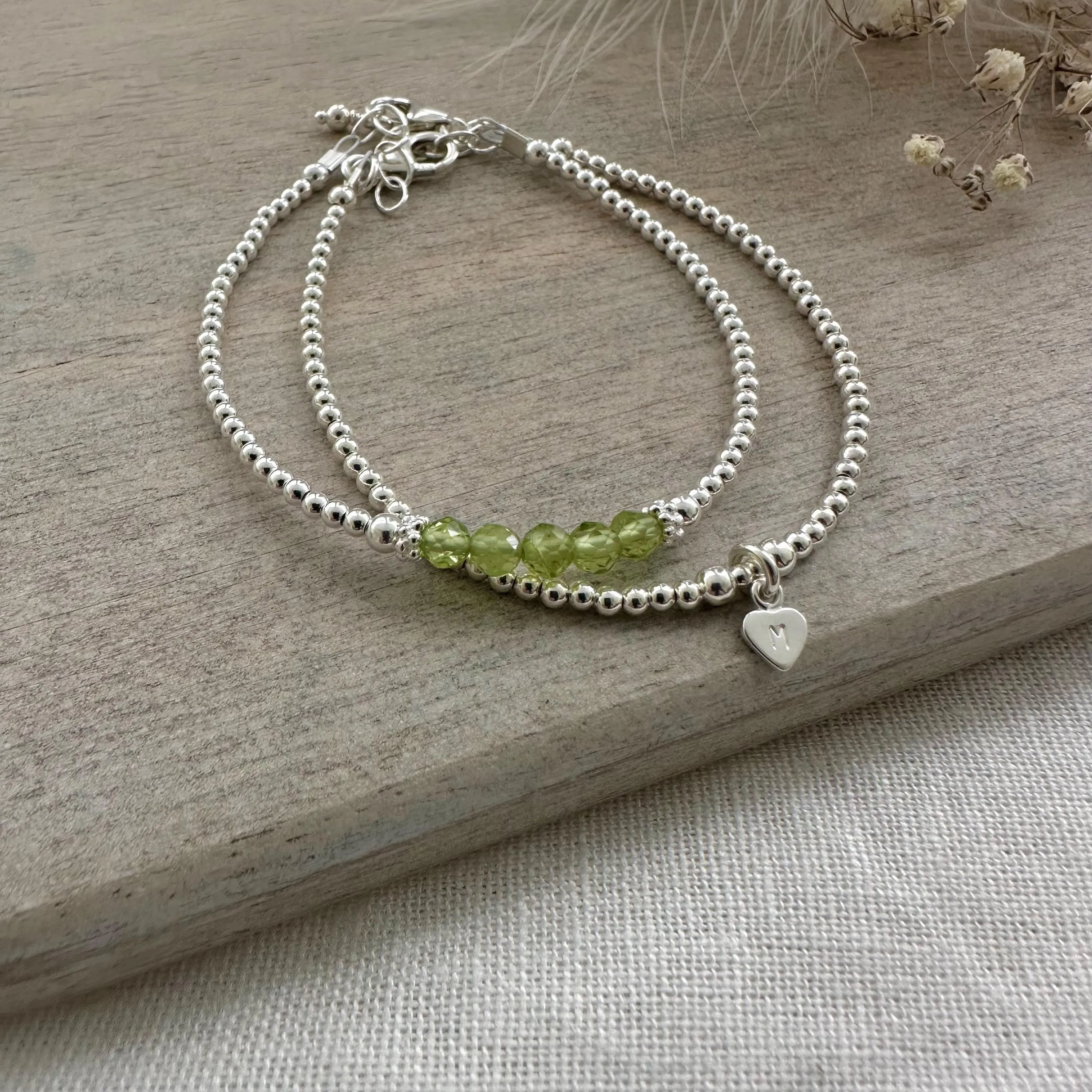 Personalised Peridot Bracelet Set, August Birthstone Jewellery, Initial Bracelets