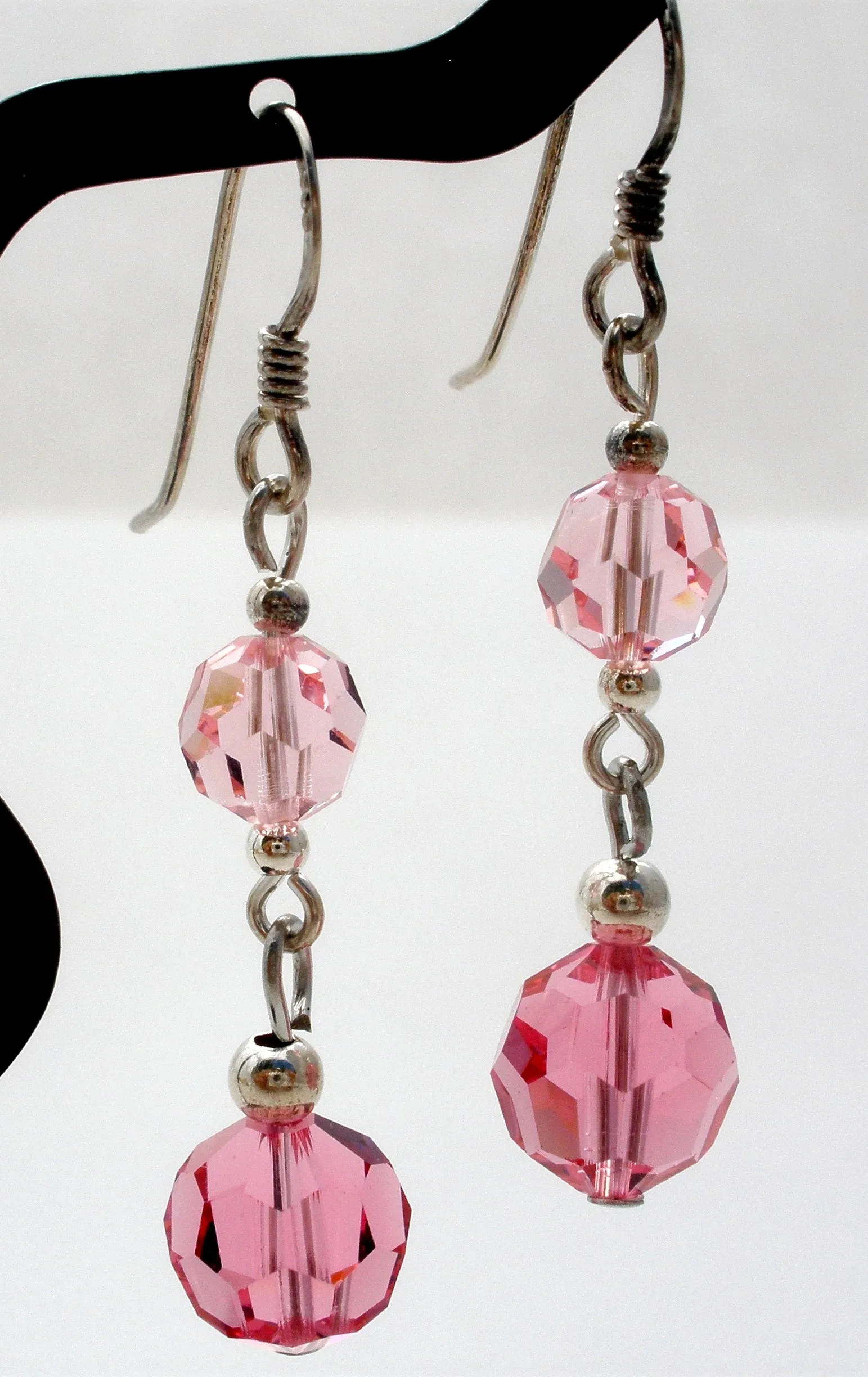 Pink Crystal Bead Earrings Sterling Silver
