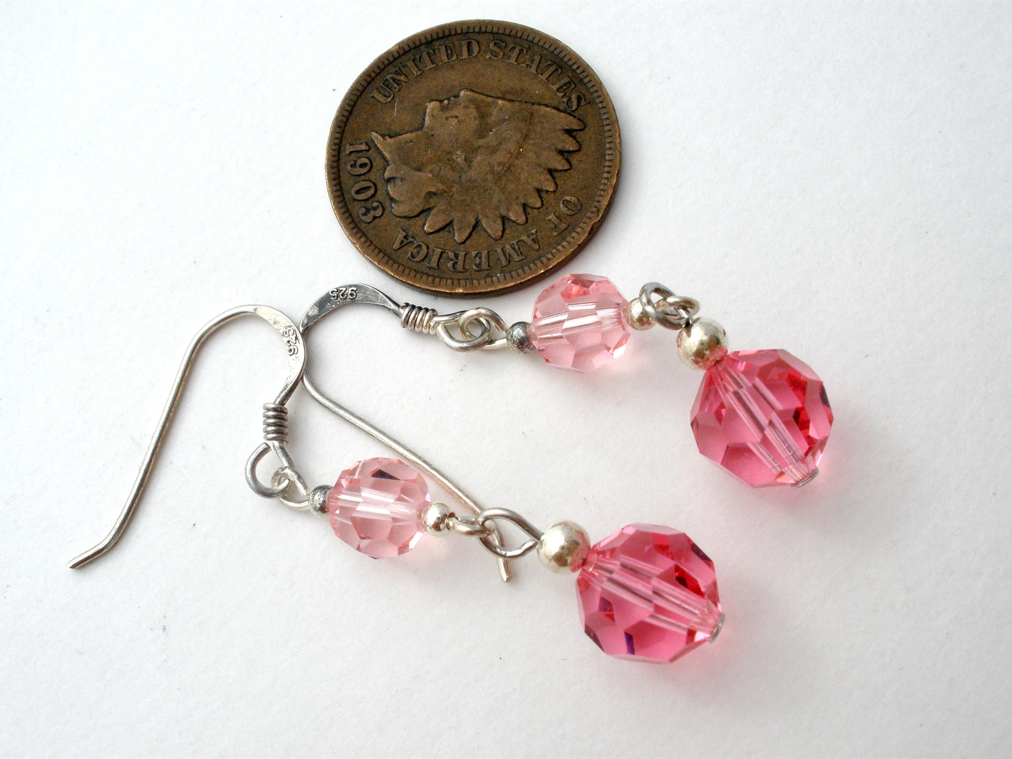 Pink Crystal Bead Earrings Sterling Silver