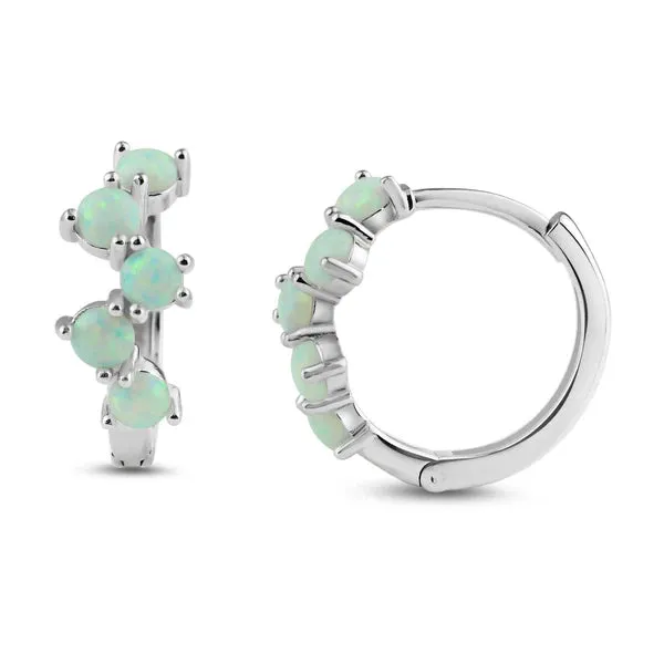 Rhodium Plated 925 Sterling Silver Alternating Opal Hoop Earrings