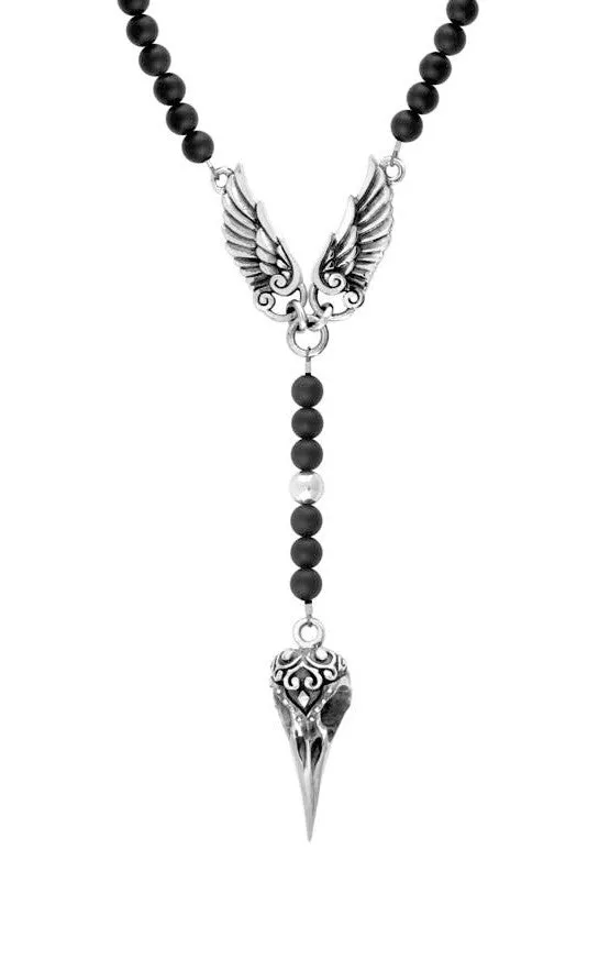 Rosary w/Onyx Beads, Raven Skull and Wings
