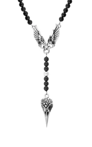 Rosary w/Onyx Beads, Raven Skull and Wings