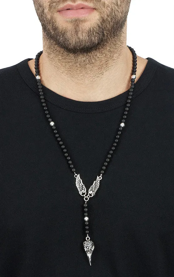 Rosary w/Onyx Beads, Raven Skull and Wings
