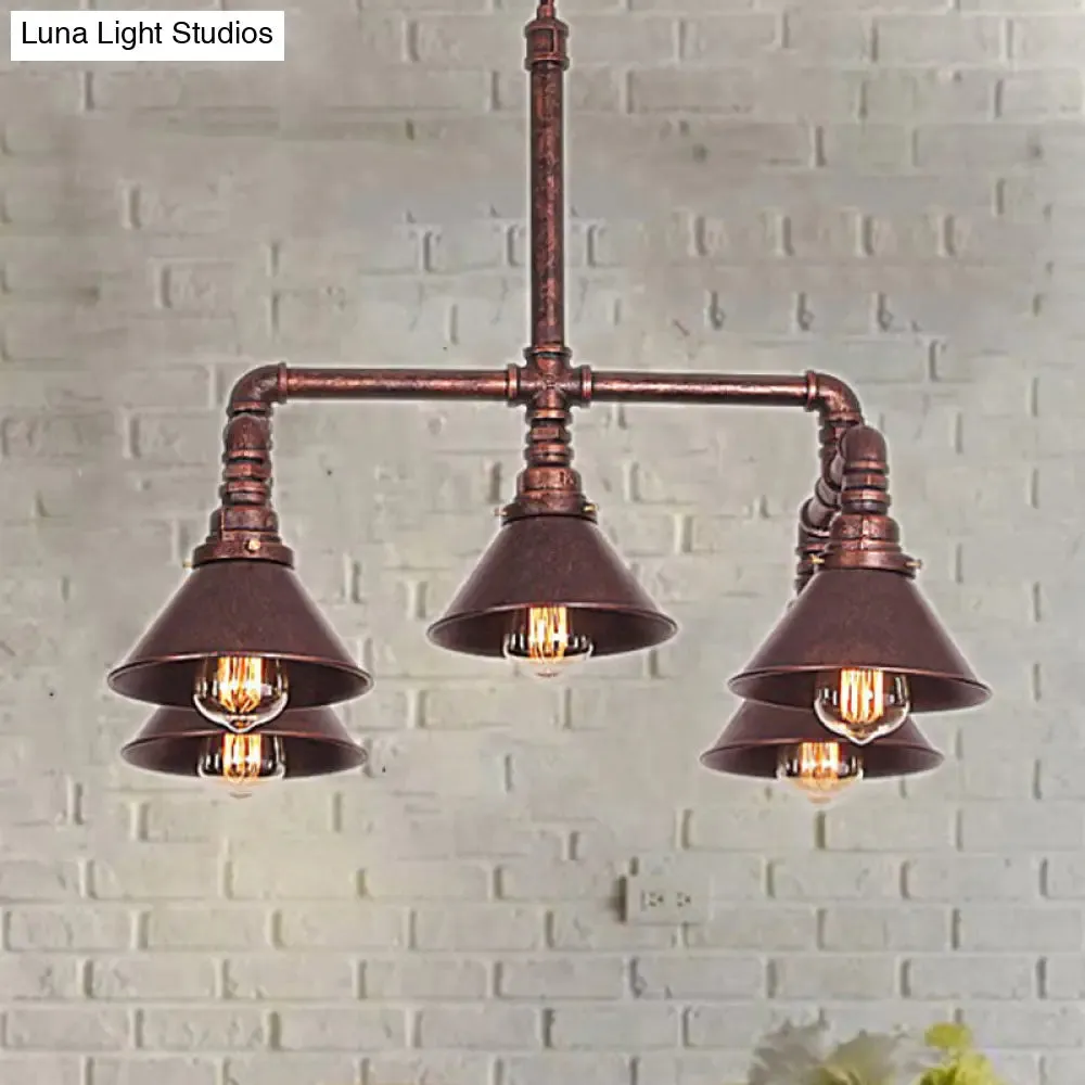 Rustic Farmhouse Pendant Chandelier Lamp - Conic Shade, 5 Bulbs, Wrought Iron - Perfect for Restaurants