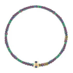 Sapphire Lego Cube on Small Rainbow Hematite Bead Bracelet