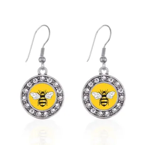 Silver Buzzing Bee Circle Charm Dangle Earrings