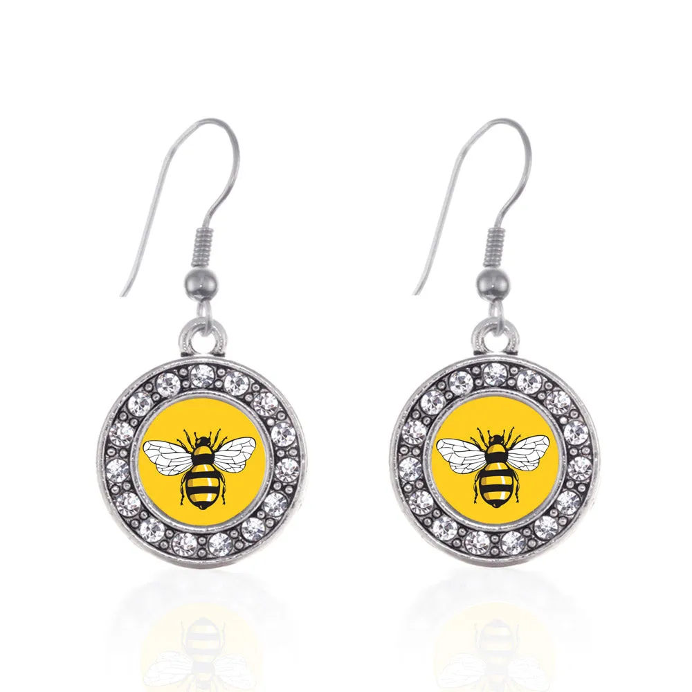 Silver Buzzing Bee Circle Charm Dangle Earrings