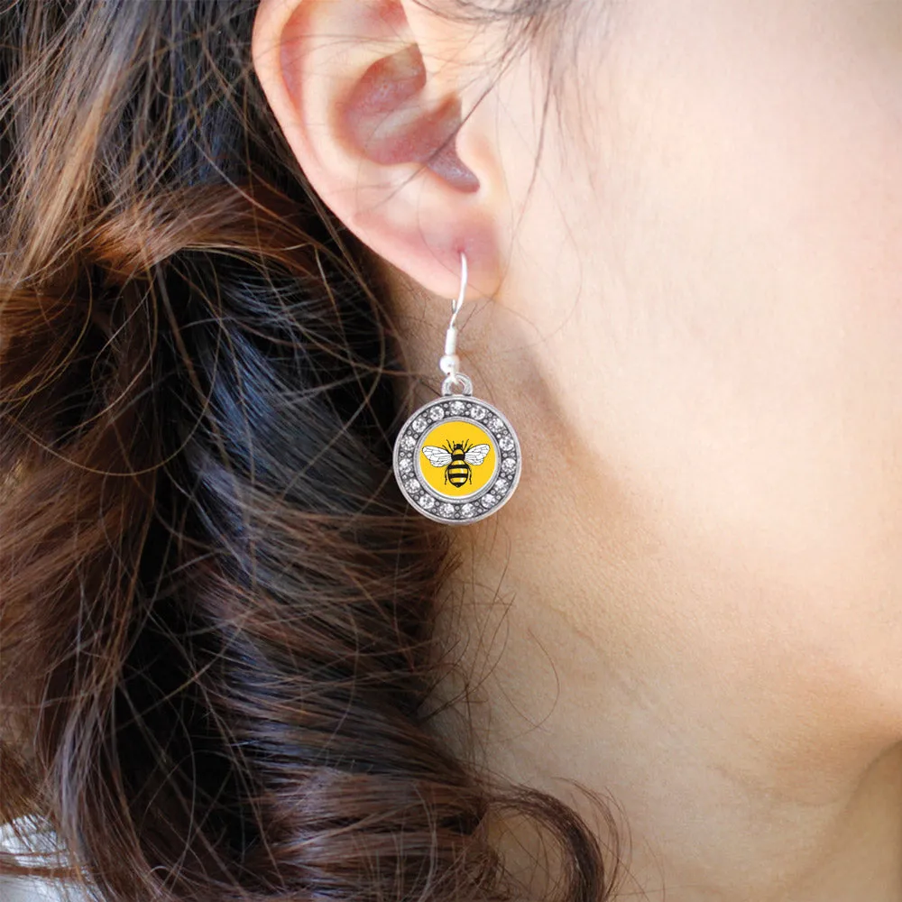 Silver Buzzing Bee Circle Charm Dangle Earrings