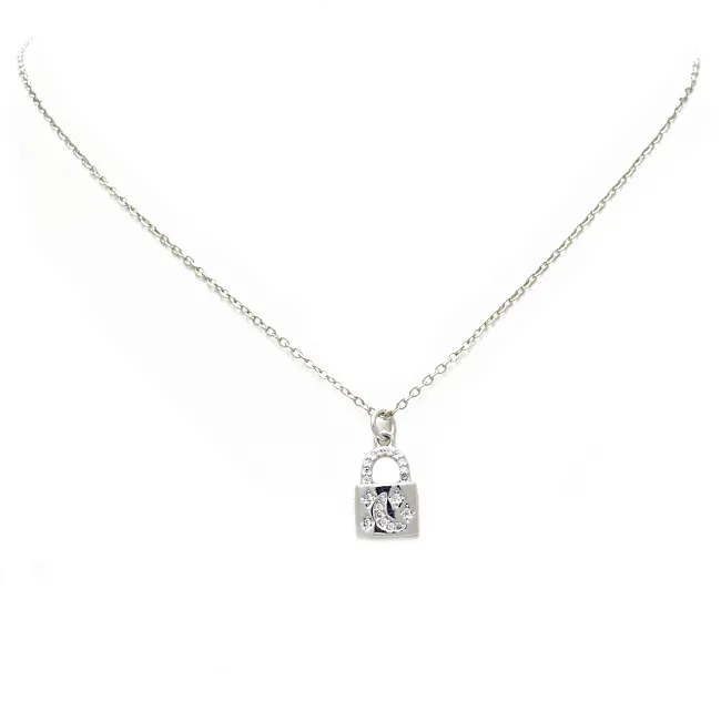 Silver CZ Moon & Lock Pendant Necklace