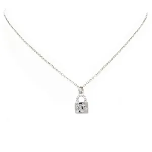 Silver CZ Moon & Lock Pendant Necklace