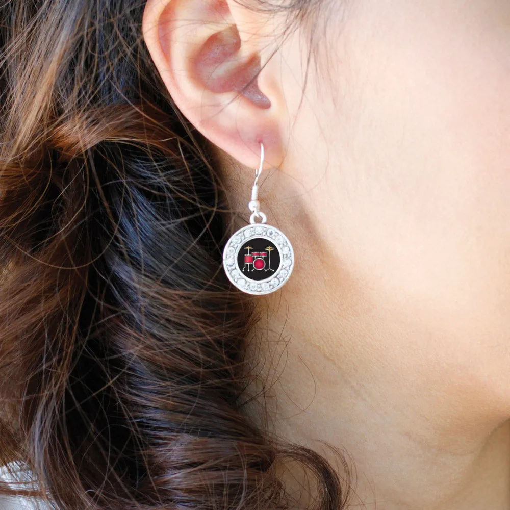 Silver Drumset Circle Charm Dangle Earrings