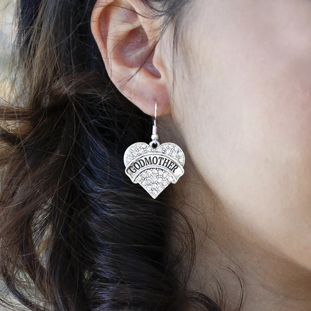 Silver Godmother Pave Heart Charm Dangle Earrings