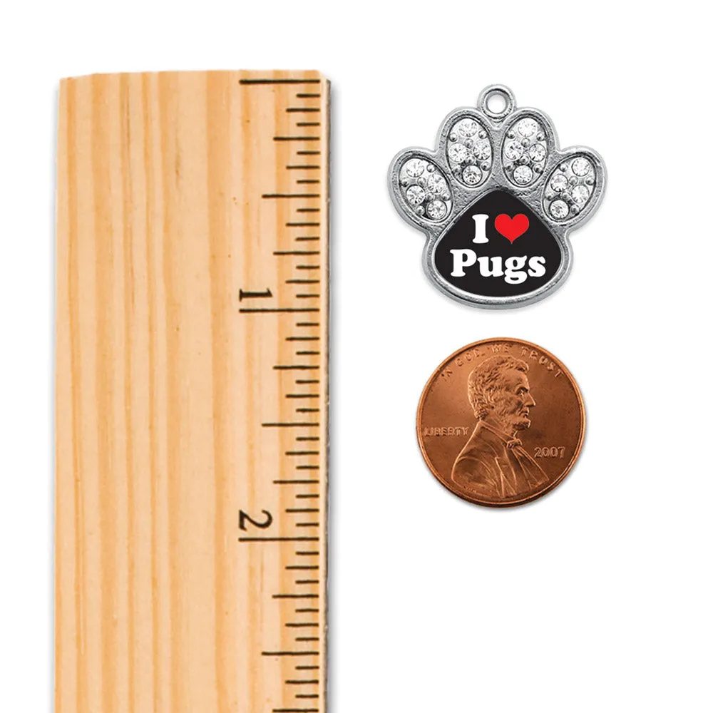 Silver I Love Pugs Pave Paw Charm Dangle Earrings