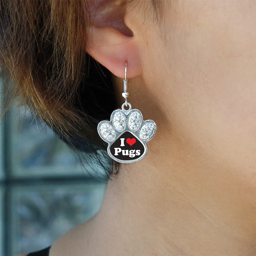 Silver I Love Pugs Pave Paw Charm Dangle Earrings