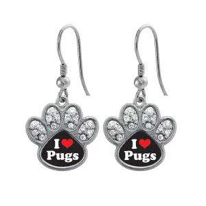 Silver I Love Pugs Pave Paw Charm Dangle Earrings