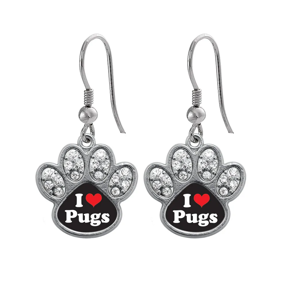 Silver I Love Pugs Pave Paw Charm Dangle Earrings