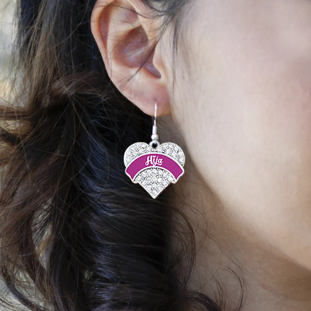 Silver Magenta Hija Pave Heart Charm Dangle Earrings