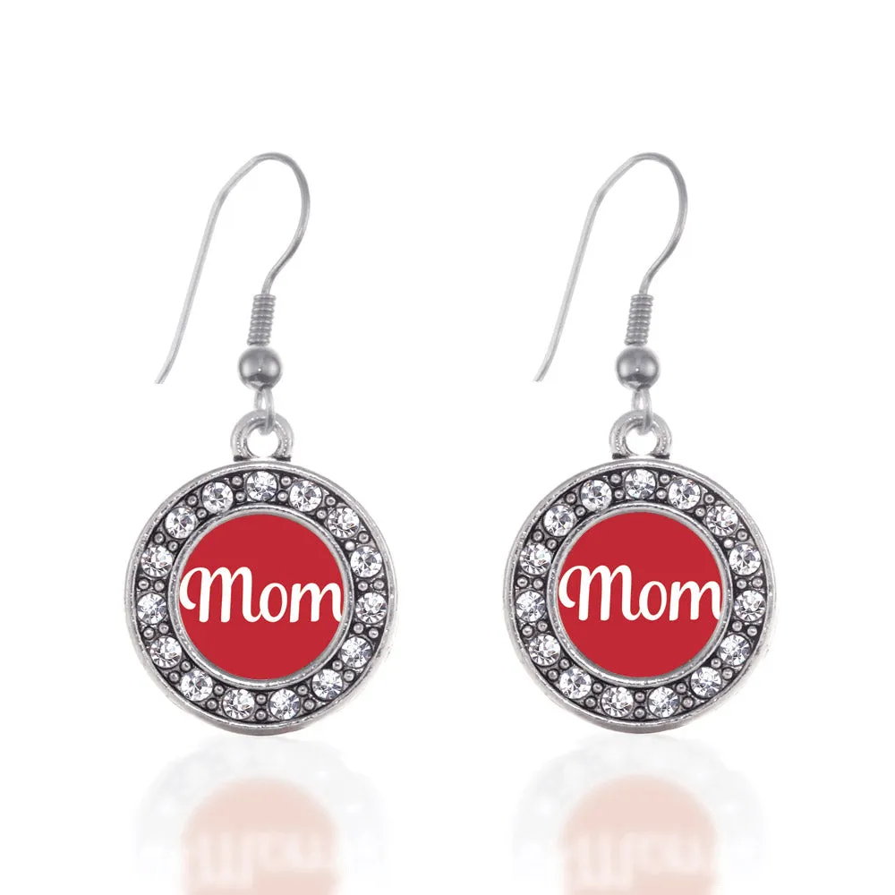 Silver Red Mom Circle Charm Dangle Earrings