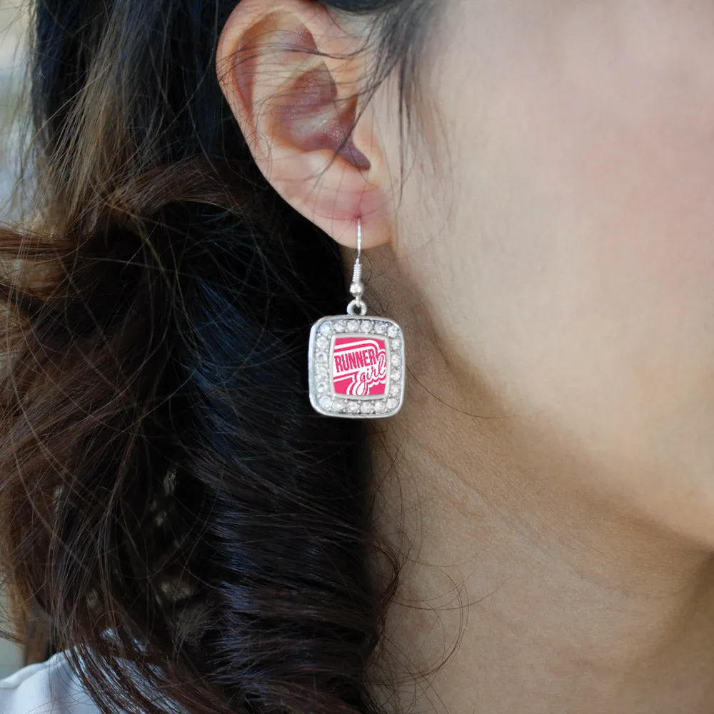 Silver Runner Girl Square Charm Dangle Earrings
