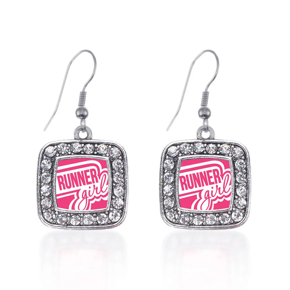 Silver Runner Girl Square Charm Dangle Earrings