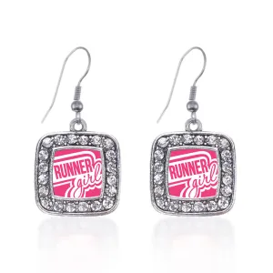 Silver Runner Girl Square Charm Dangle Earrings
