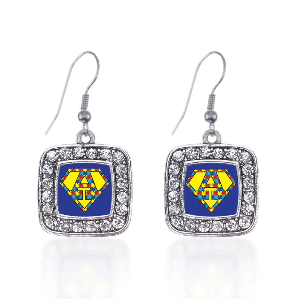 Silver Super Autism Awareness Square Charm Dangle Earrings