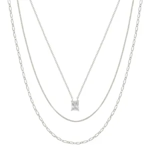 Silver Three Layered Snake Chain with Squared Pendant 16"-18" Necklace