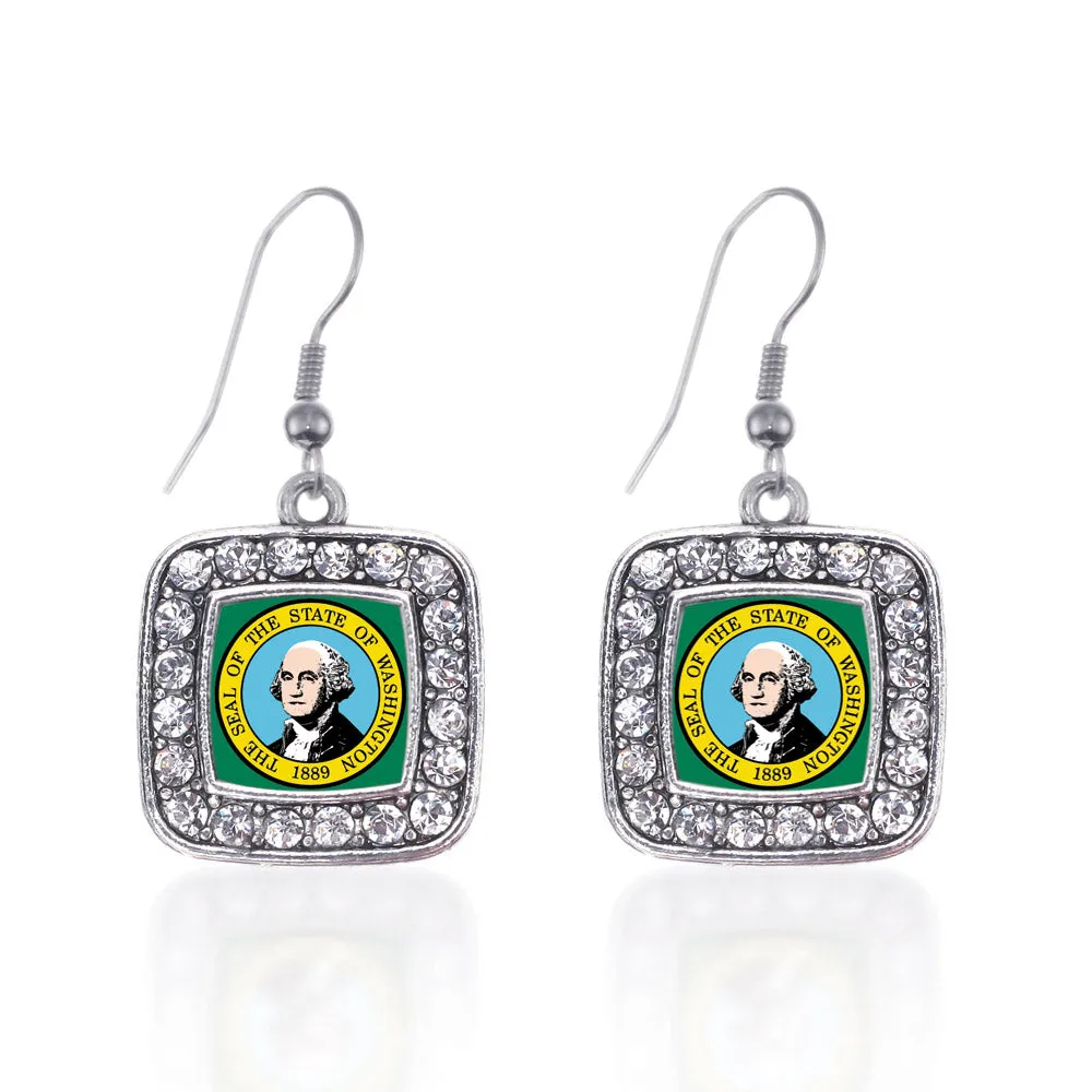 Silver Washington Flag Square Charm Dangle Earrings