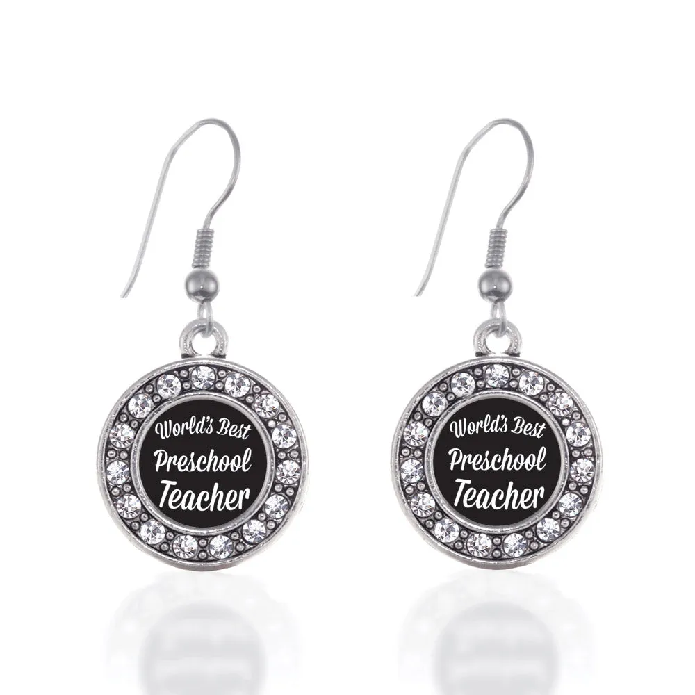 Silver World's Best Preschool Teacher Circle Charm Dangle Earrings