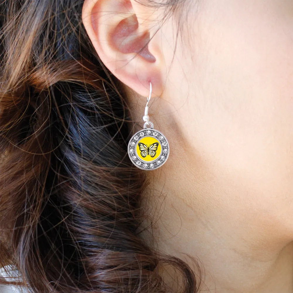 Silver Yellow Butterfly Circle Charm Dangle Earrings