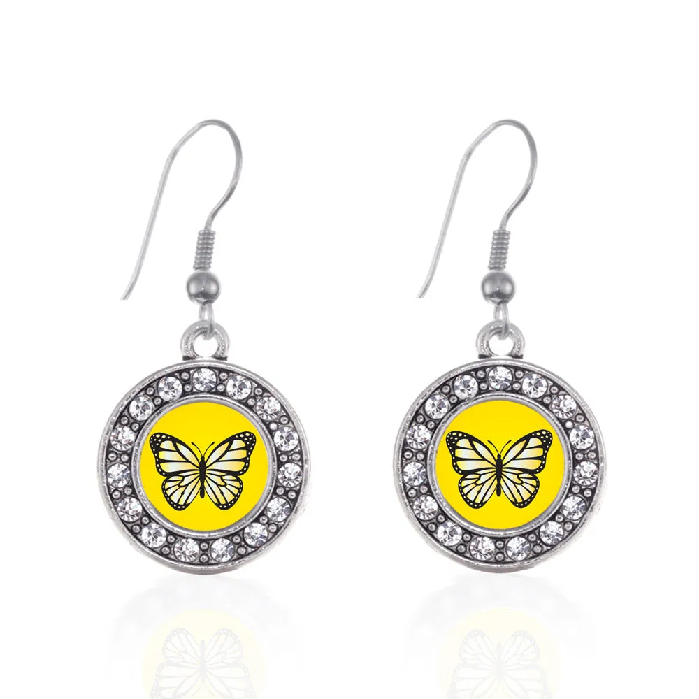 Silver Yellow Butterfly Circle Charm Dangle Earrings