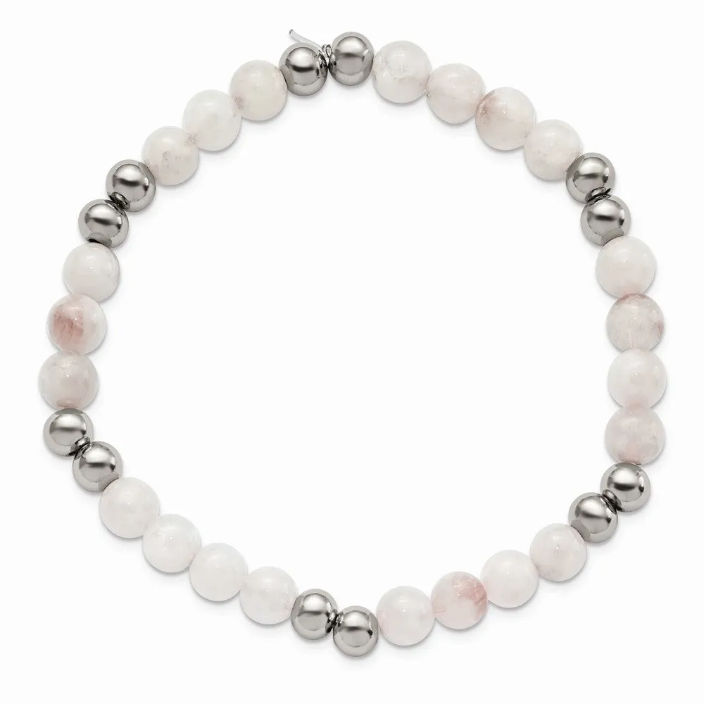 Stainless Steel Polished White Moonstone Beaded Stretch Bracelet