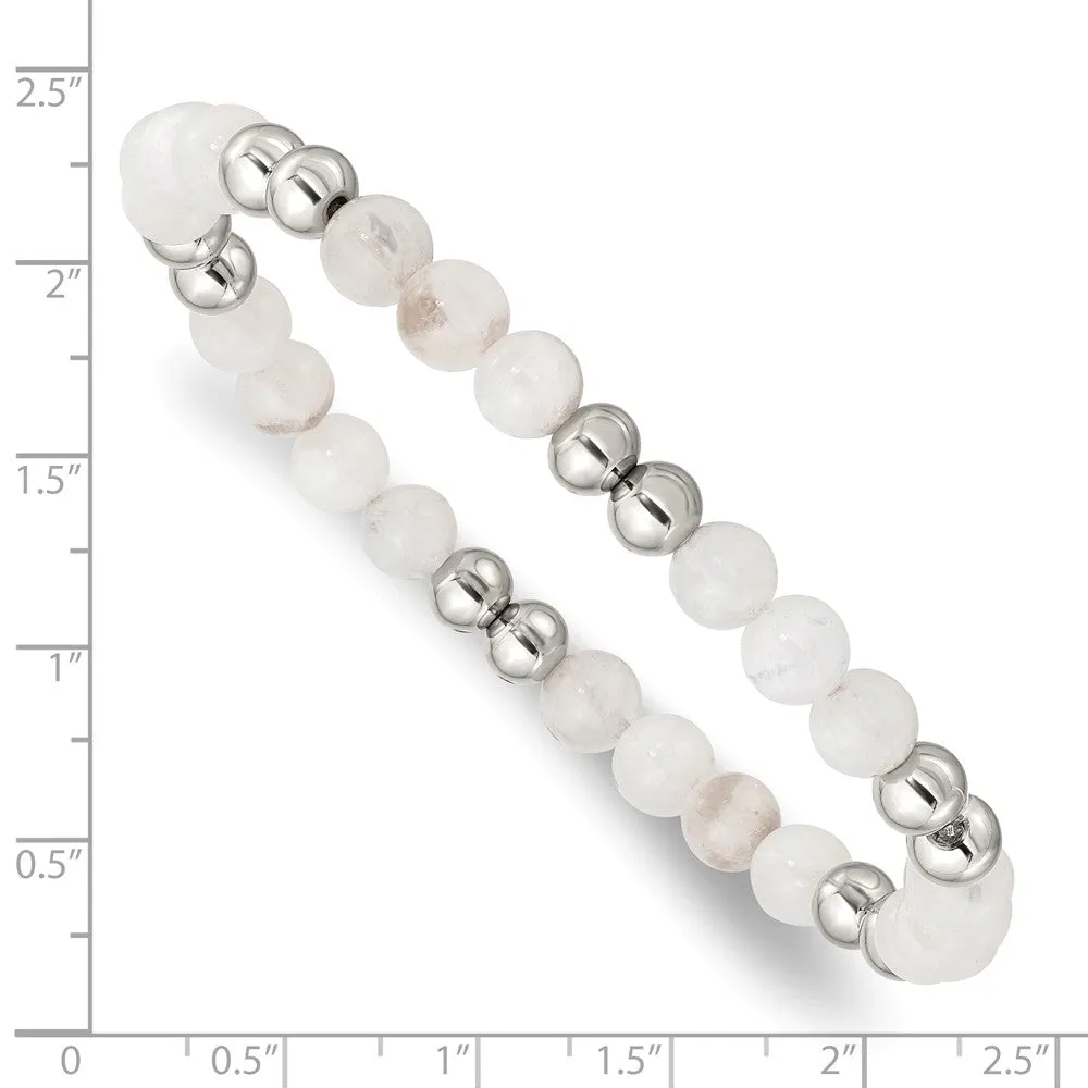 Stainless Steel Polished White Moonstone Beaded Stretch Bracelet