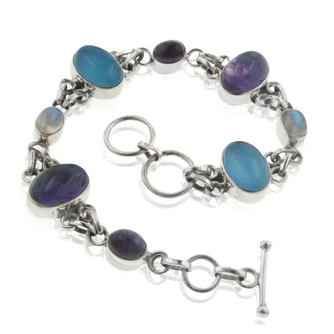 Sterling Silver 8" Amethyst, Rainbow Moonstone, Blue Chalcedony Toggle Bracelet