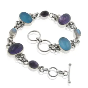 Sterling Silver 8" Amethyst, Rainbow Moonstone, Blue Chalcedony Toggle Bracelet