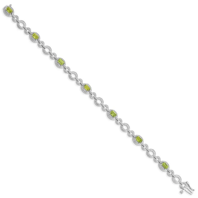 Sterling Silver Rhodium-plated Diamond & Peridot Oval Link Bracelet QX819PE