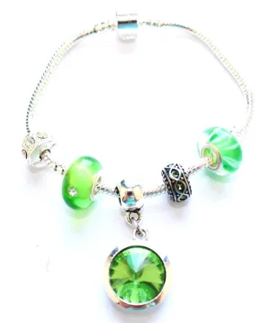 Teenager's 'August Birthstone' Peridot Coloured Crystal Silver Plated Charm Bead Bracelet