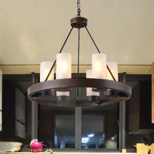 Traditional Black Glass Chandelier - 6 Cylinder Heads - Frosted White Suspension Pendant Lamp with Wheel Design