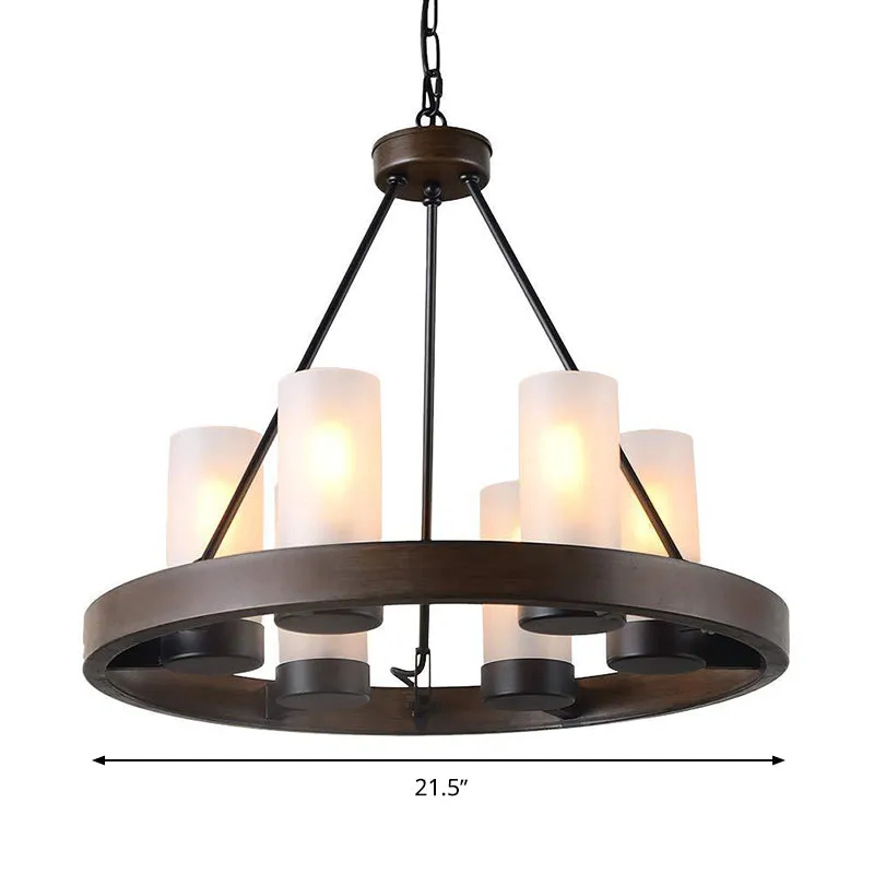 Traditional Black Glass Chandelier - 6 Cylinder Heads - Frosted White Suspension Pendant Lamp with Wheel Design