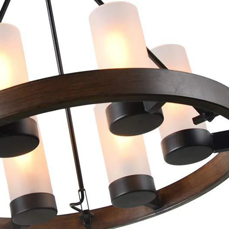Traditional Black Glass Chandelier - 6 Cylinder Heads - Frosted White Suspension Pendant Lamp with Wheel Design