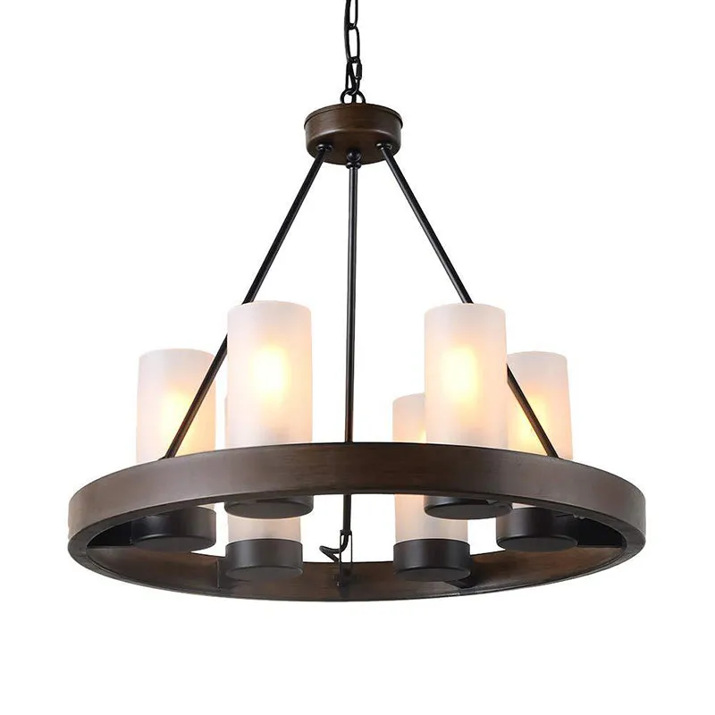 Traditional Black Glass Chandelier - 6 Cylinder Heads - Frosted White Suspension Pendant Lamp with Wheel Design