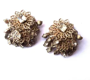 Trembler Rhinestone Clip Earrings w/ Dangling Stones circa 1940s