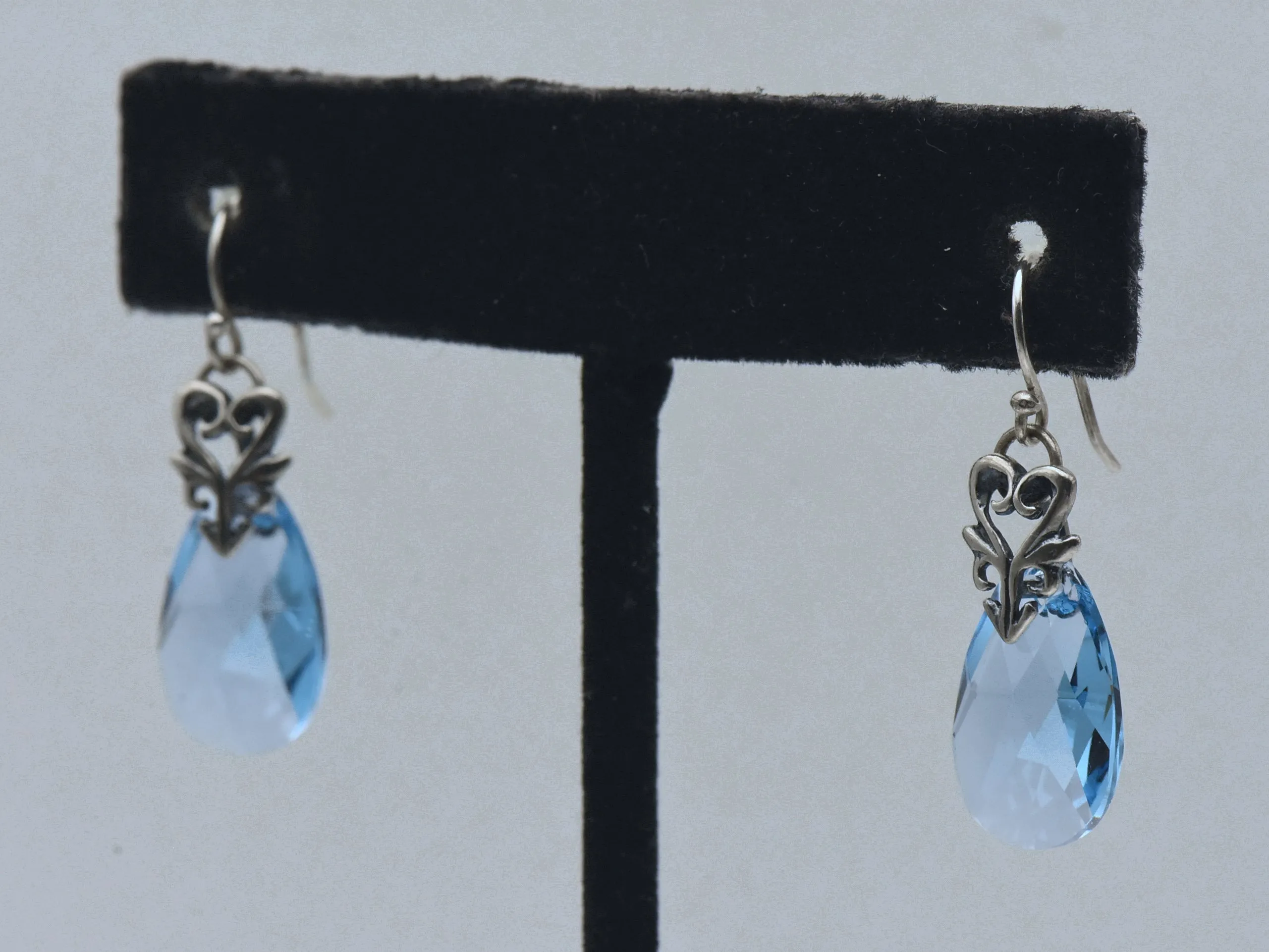 Vintage Blue Faceted Glass Teardrop Sterling Silver Earrings