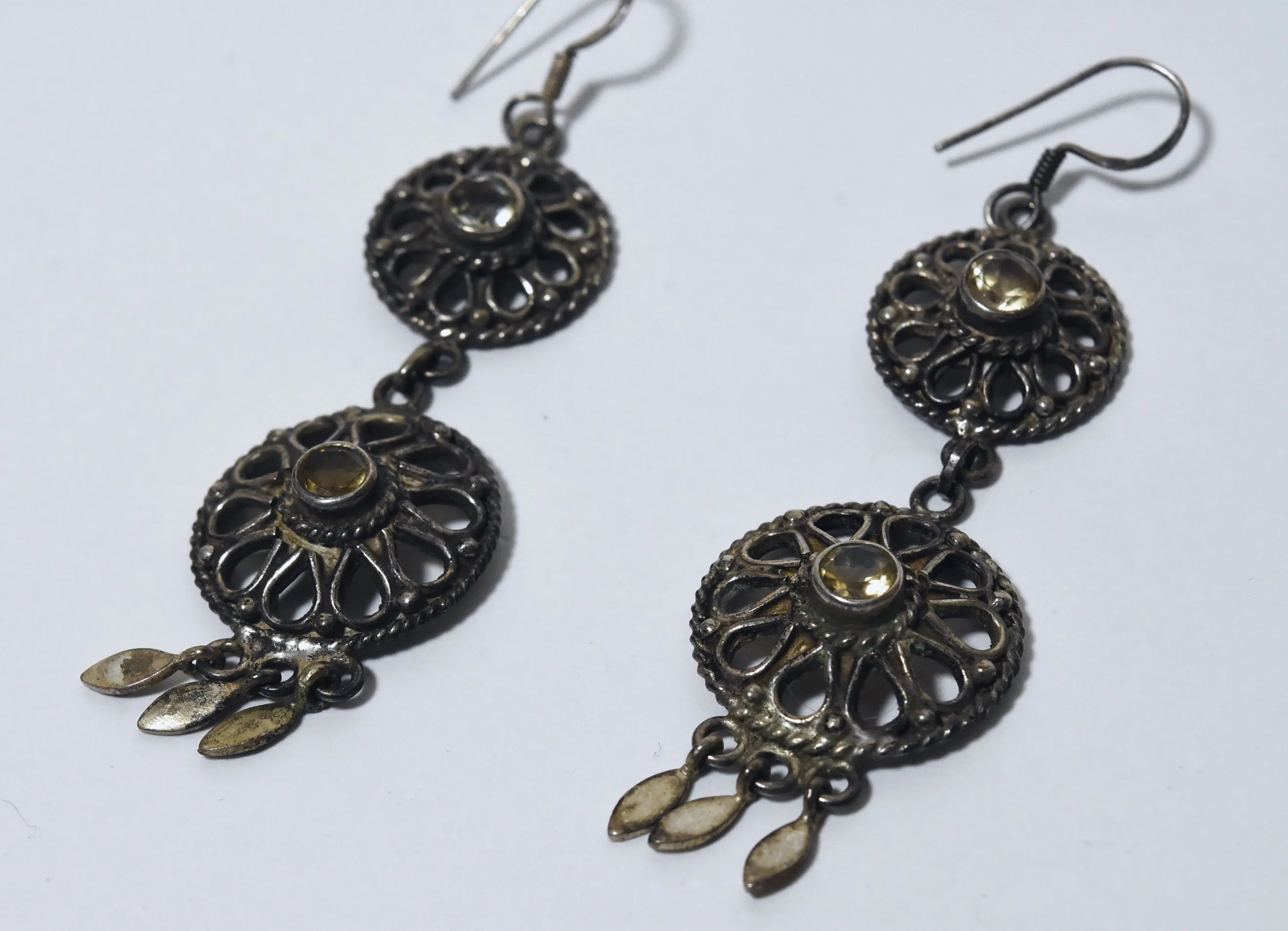 Vintage Citrine Filigree Sterling Silver Dangle Earrings