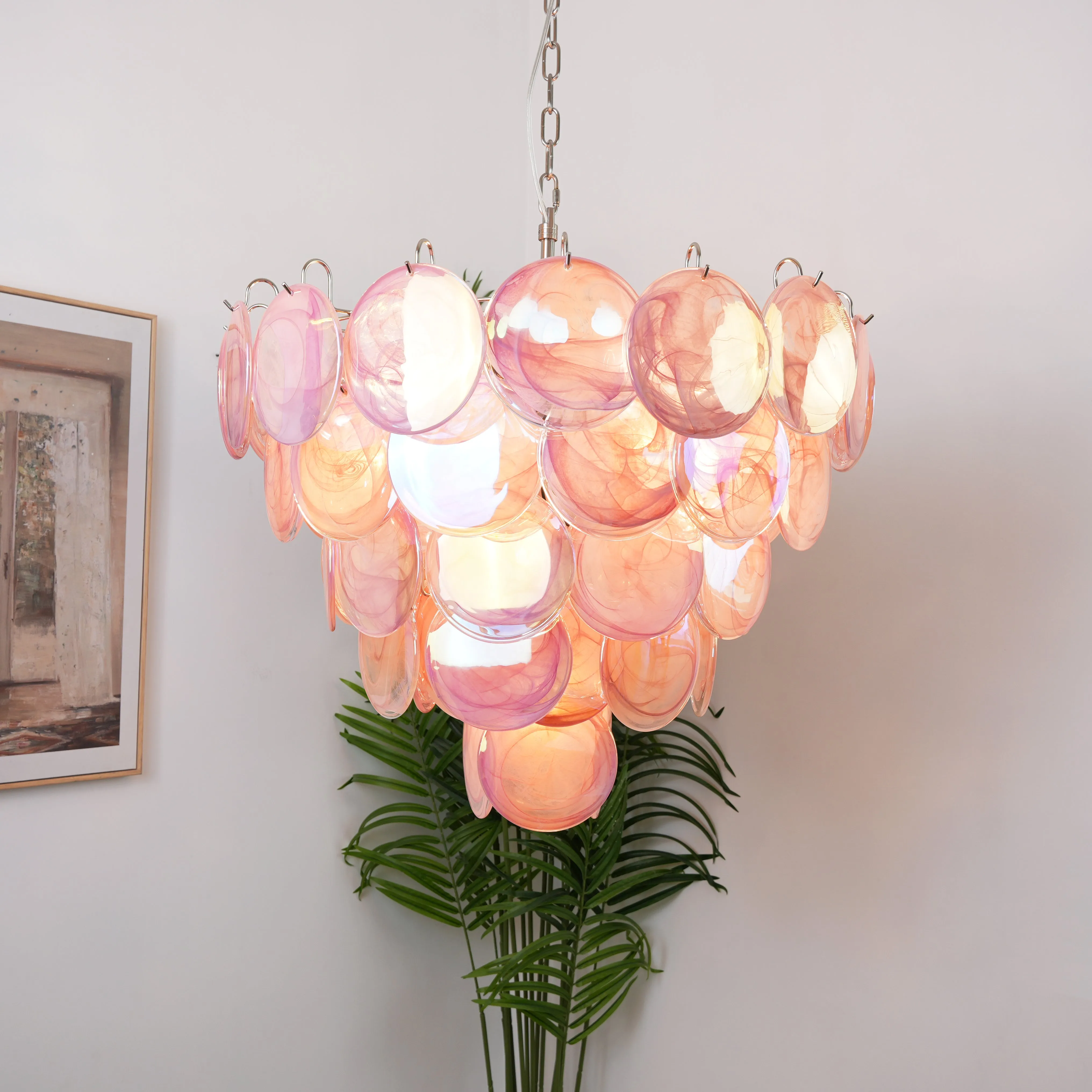 Vintage Pink Murano Disc Glass Chandelier