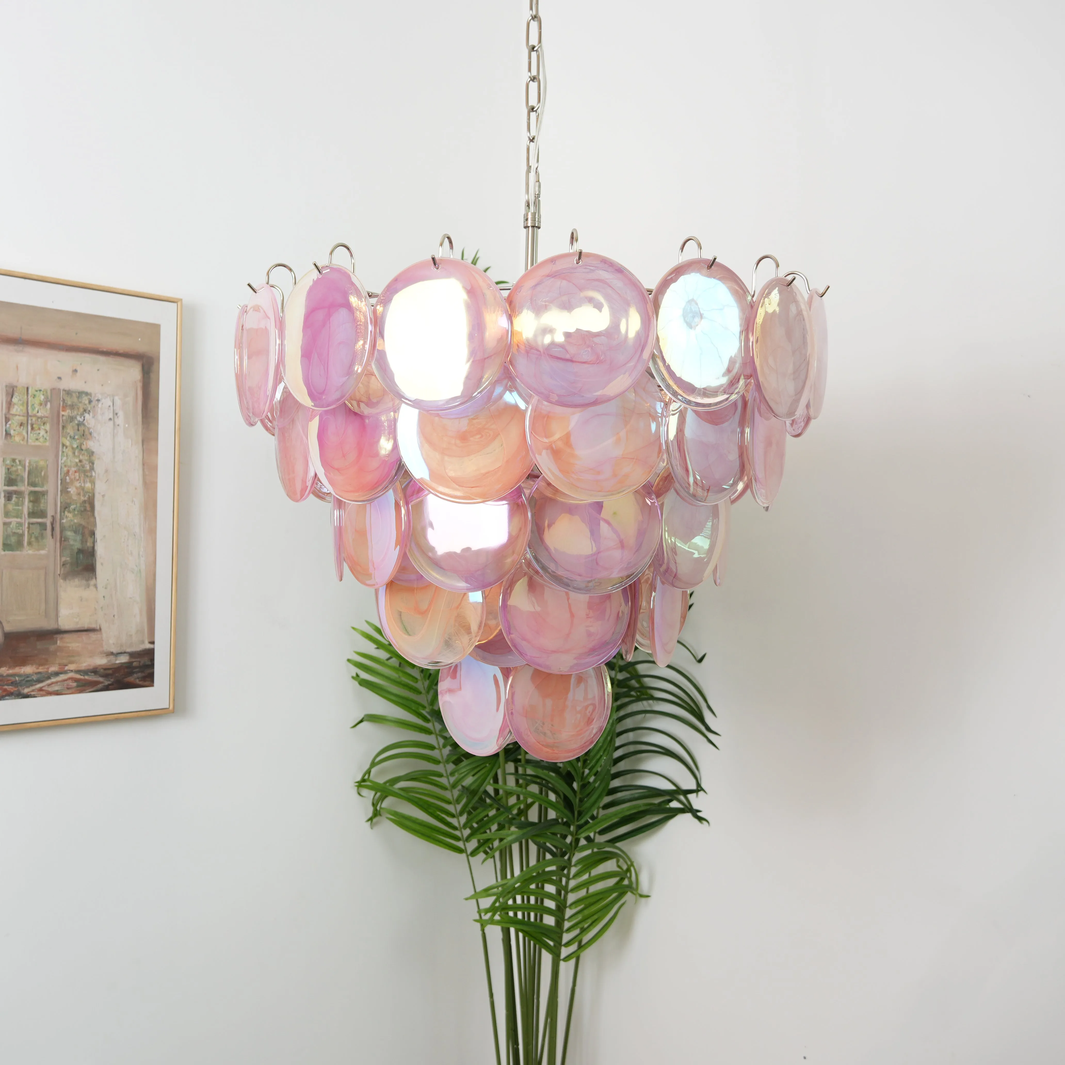 Vintage Pink Murano Disc Glass Chandelier