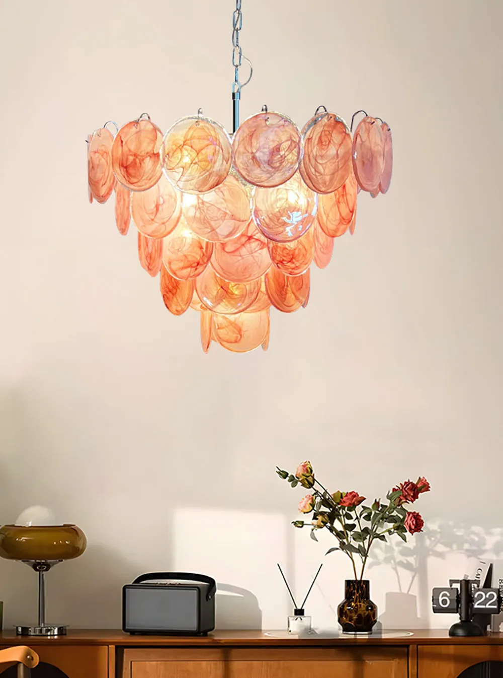 Vintage Pink Murano Disc Glass Chandelier