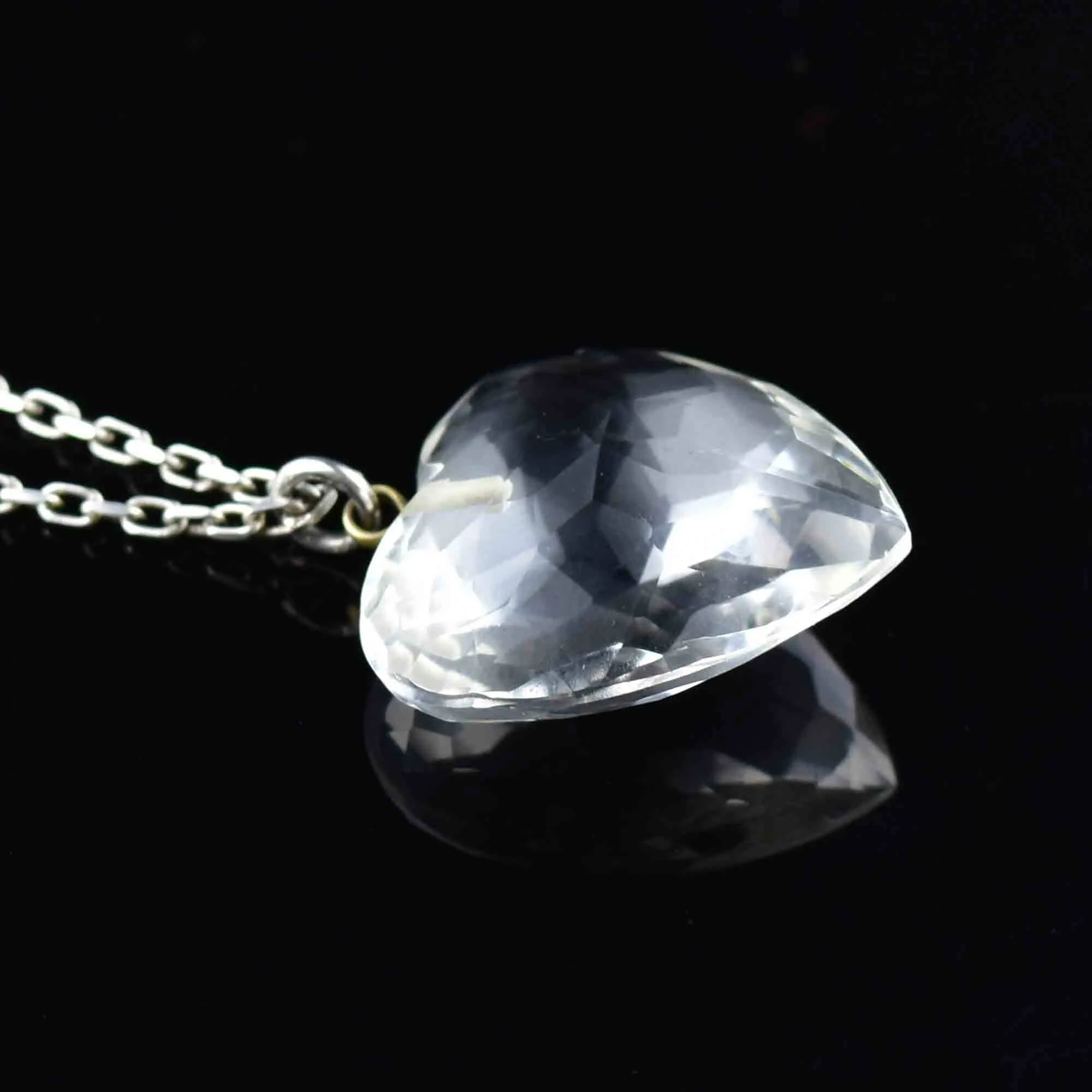 Vintage Silver Faceted Rock Crystal Heart Pendant Necklace