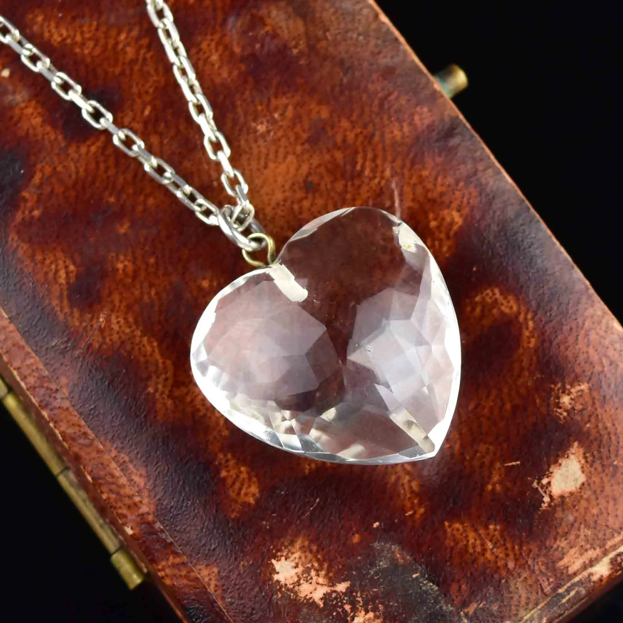 Vintage Silver Faceted Rock Crystal Heart Pendant Necklace
